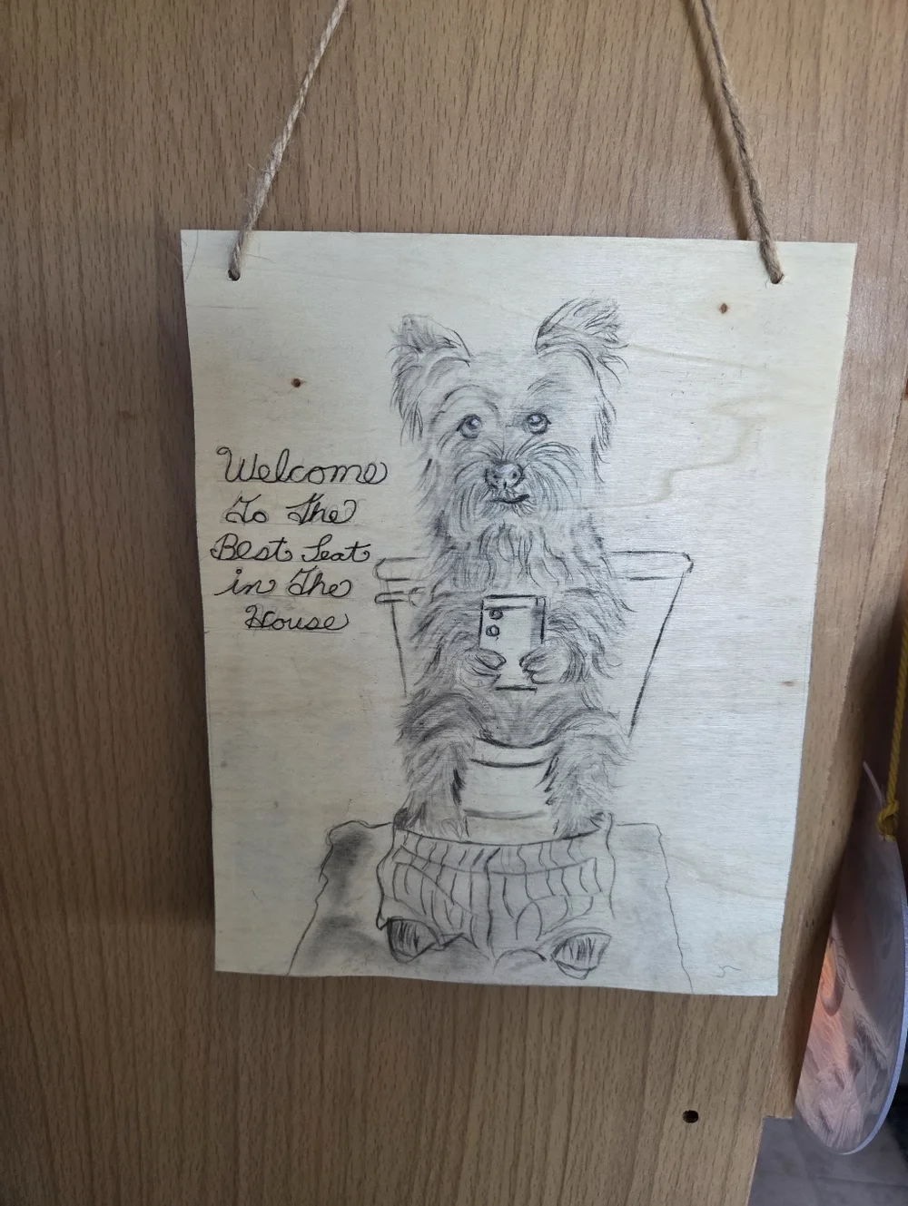 Hand-Drawn Wood Sign Featuring Yorkie Dog on Toilet - Neutral Tones - Picture 2 of 2